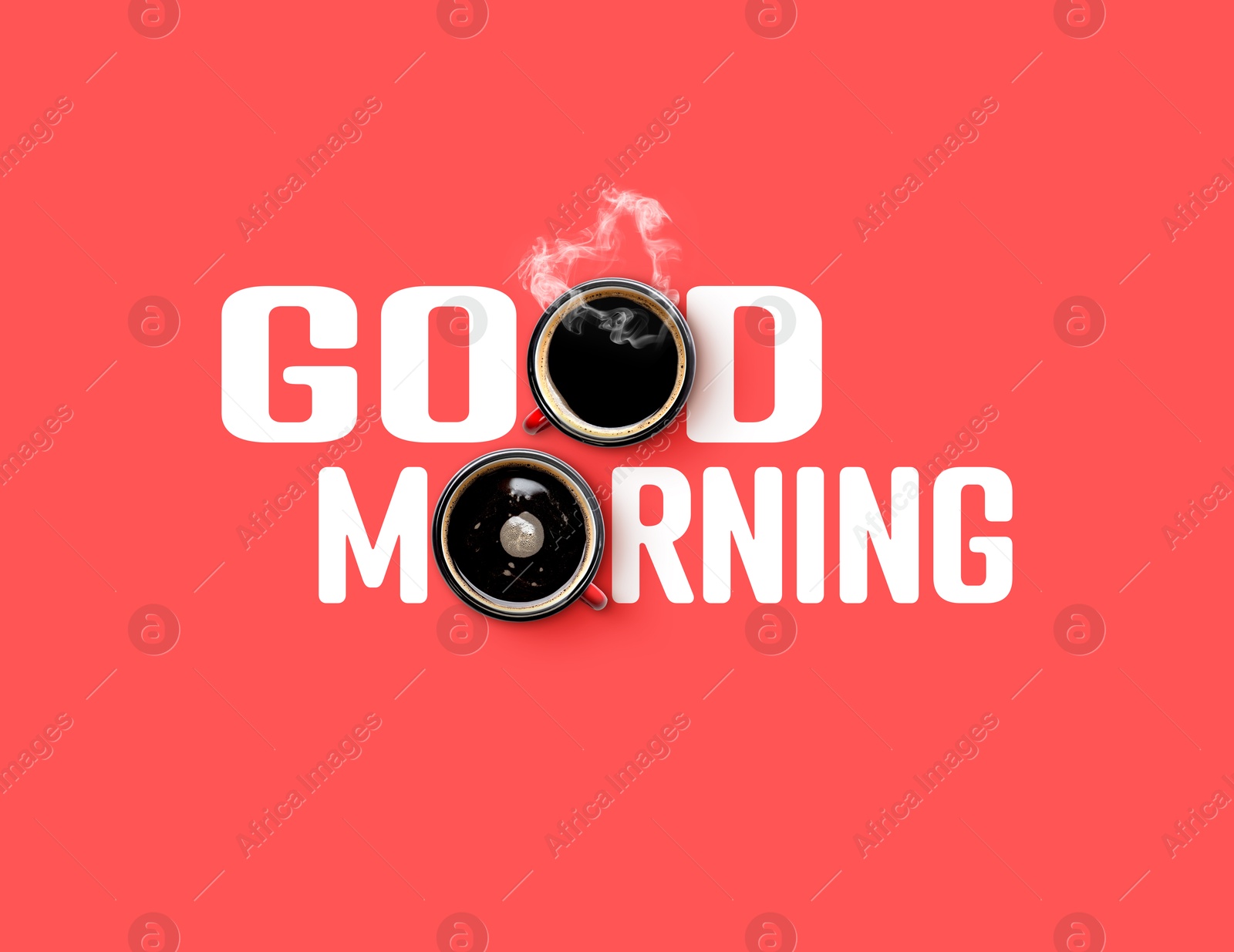 Cups of coffee instead of letters O in inscription Good Morning on coral background, top view Image of Cups of coffee instead of letters O in inscription Good Morning on coral background, top view