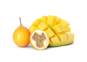 Image of Fresh juicy mango cut in cubes and passion fruits isolated on white