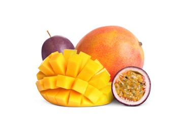 Image of Sweet fresh mangos and passion fruits isolated on white