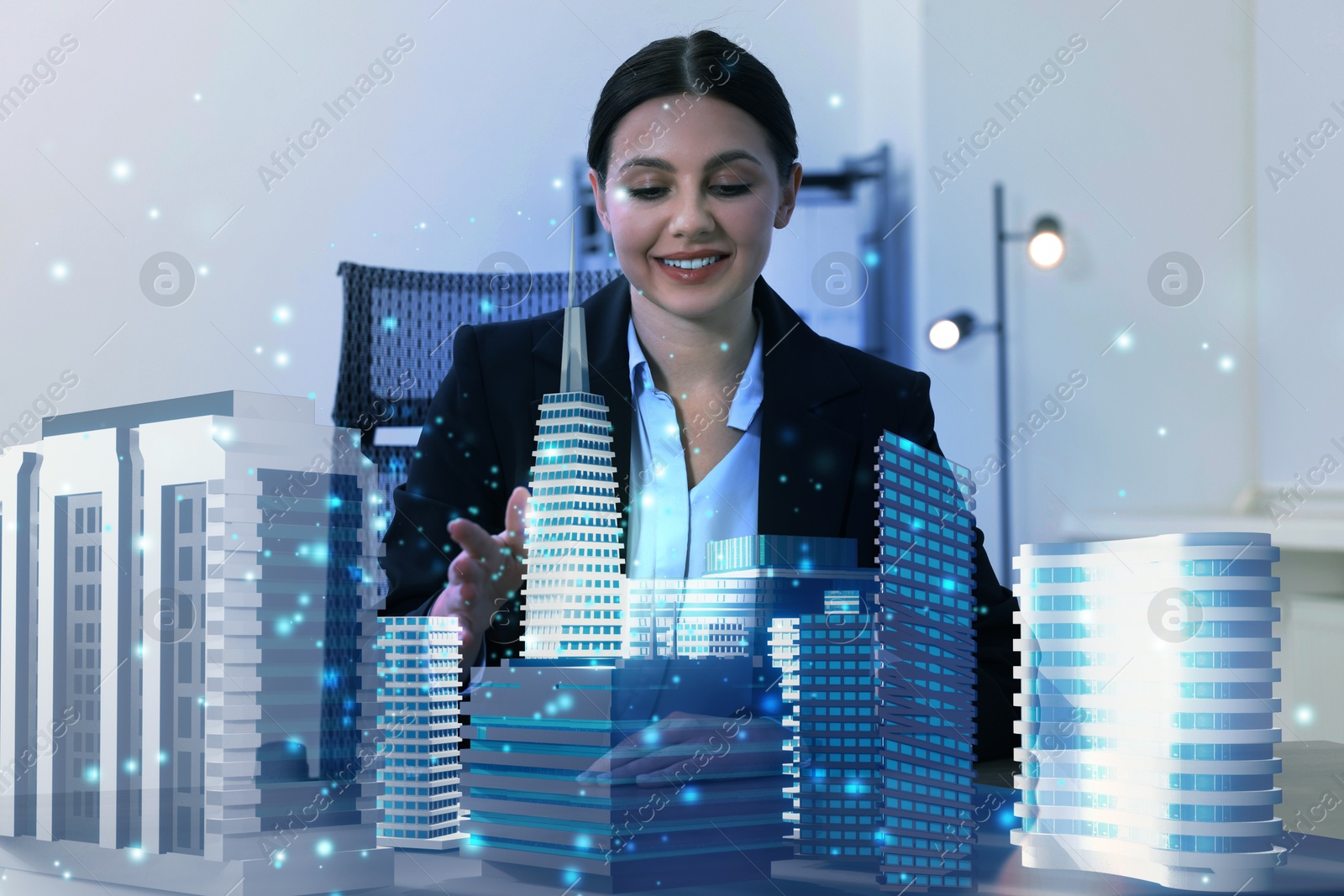 Illustration of Building information modelling. Woman using holographic projection of city in office