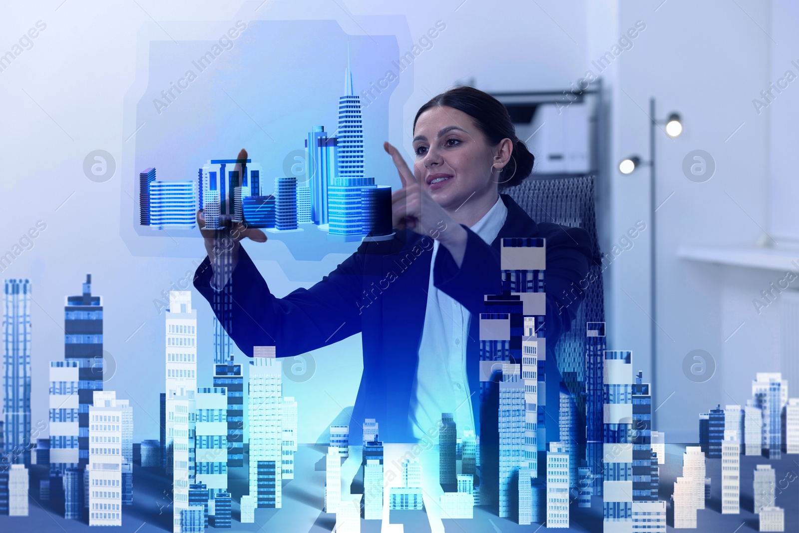 Building information modelling. Woman using holographic projection of city in office Illustration of Building information modelling. Woman using holographic projection of city in office