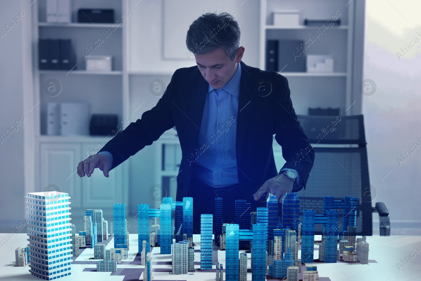 Building information modelling. Man using holographic projection of city in office Illustration of Building information modelling. Man using holographic projection of city in office