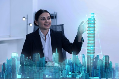 Illustration of Building information modelling. Woman using holographic projection of city in office