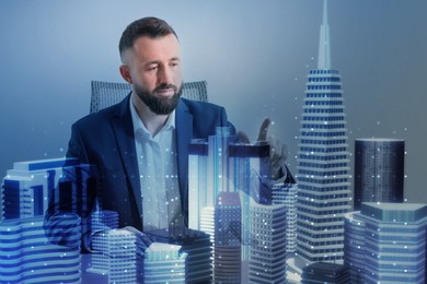 Illustration of Building information modelling. Man using holographic projection of city in office