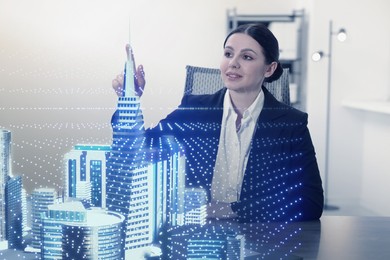 Illustration of Building information modelling. Woman using holographic projection of city in office