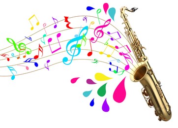 Image of Saxophone on white background. Colorful music notes and droplets flowing from instrument