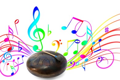 Image of Steel tongue drum with soft mallet on white background. Colorful music notes and sound lines flowing from instrument