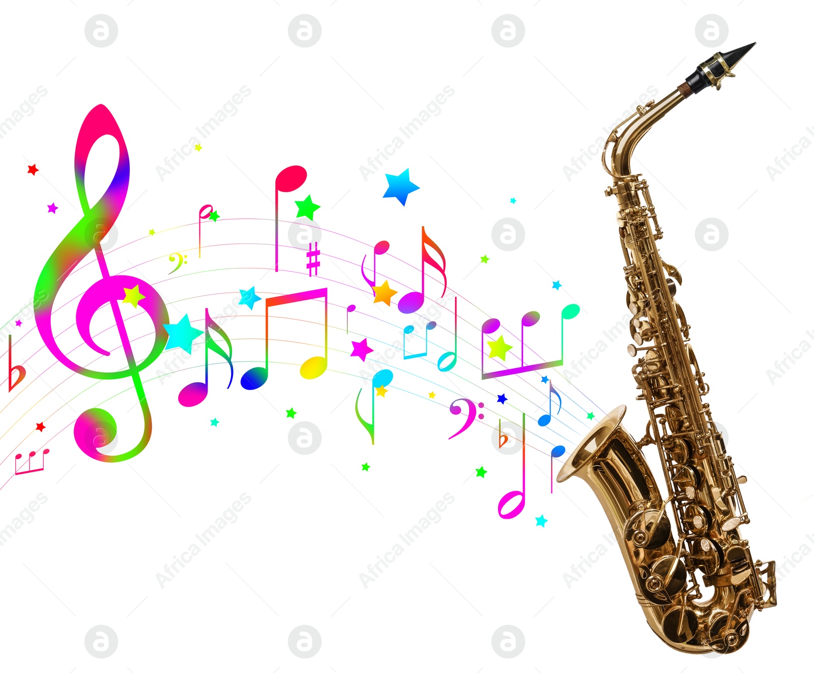 Image of Colorful musical notes and stars flowing from saxophone on white background