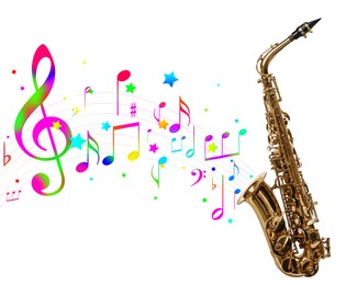 Image of Colorful musical notes and stars flowing from saxophone on white background