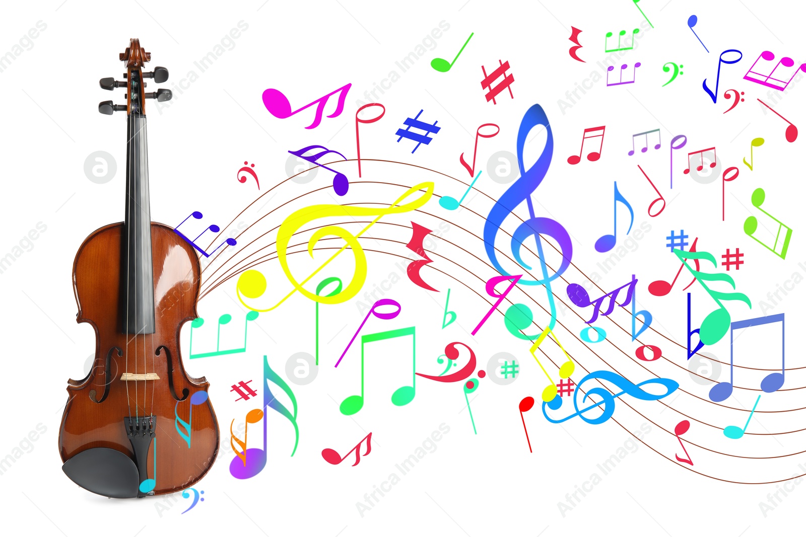 Classic violin and colorful music notes on white background Image of Classic violin and colorful music notes on white background