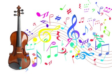 Image of Classic violin and colorful music notes on white background