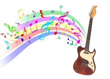Image of Electric guitar on white background. Colorful music notes and sound waves flowing from instrument