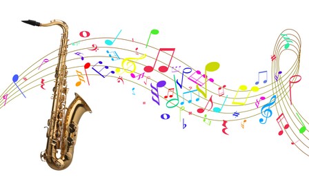 Image of Saxophone and colorful music notes on white background. Banner design