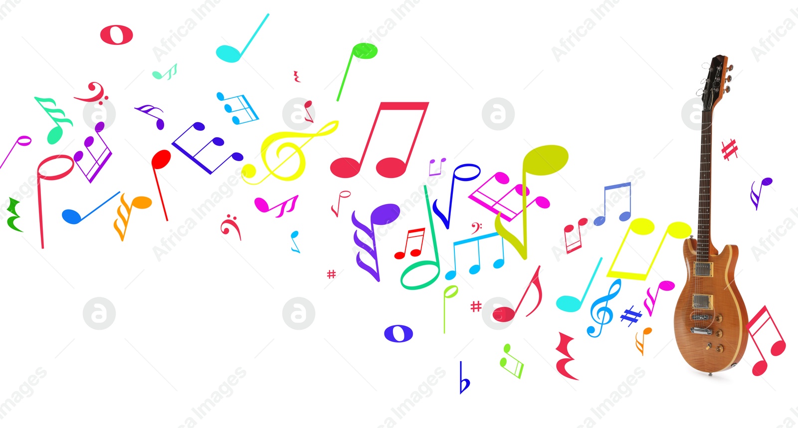 Wooden electric guitar and colorful music notes on white background. Banner design Image of Wooden electric guitar and colorful music notes on white background. Banner design