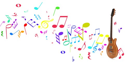 Image of Wooden electric guitar and colorful music notes on white background. Banner design