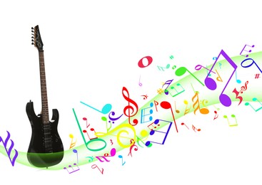 Image of Black electric guitar and colorful music notes on white background