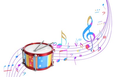 Image of Bright drum with sticks and colorful music notes on white background