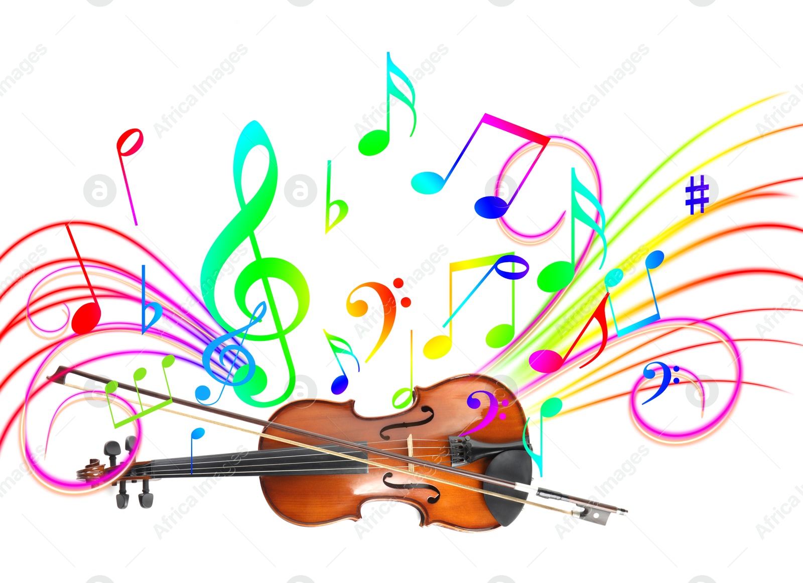Classic violin with bow on white background. Colorful music notes and sound lines around instrument Image of Classic violin with bow on white background. Colorful music notes and sound lines around instrument