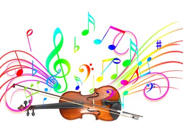 Image of Classic violin with bow on white background. Colorful music notes and sound lines around instrument