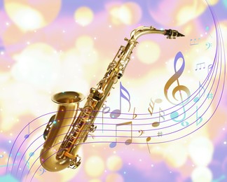 Image of Saxophone and music notes on color background with blurred lights