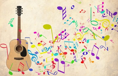 Image of Acoustic guitar and colorful music notes on beige background. Banner design