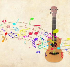 Image of Ukulele and colorful music notes on beige background