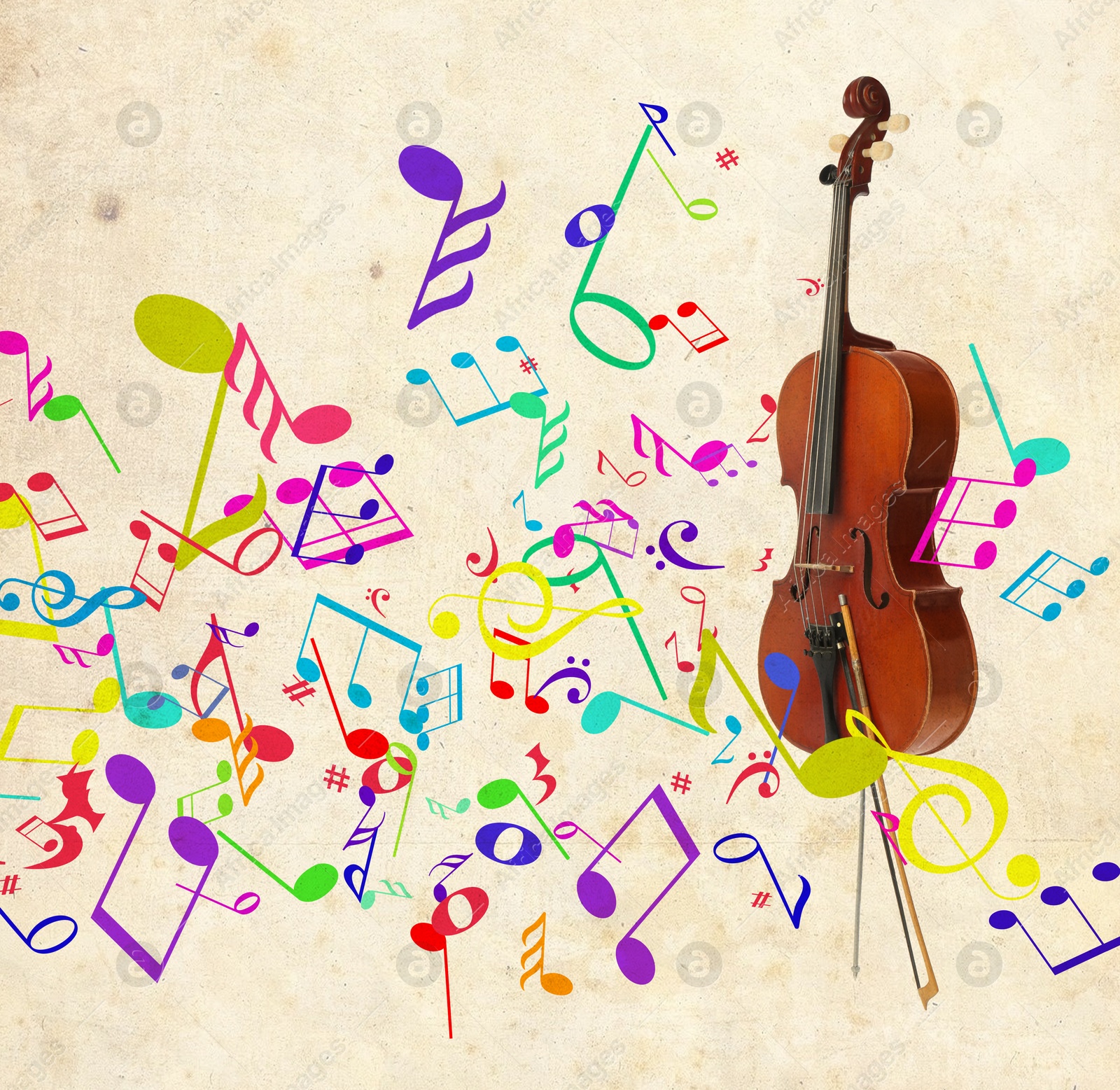 Cello with bow and colorful music notes on beige background Image of Cello with bow and colorful music notes on beige background