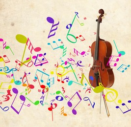 Image of Cello with bow and colorful music notes on beige background
