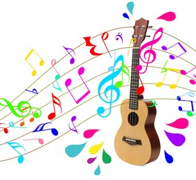 Image of Ukulele surrounded with colorful music notes and droplets on white background