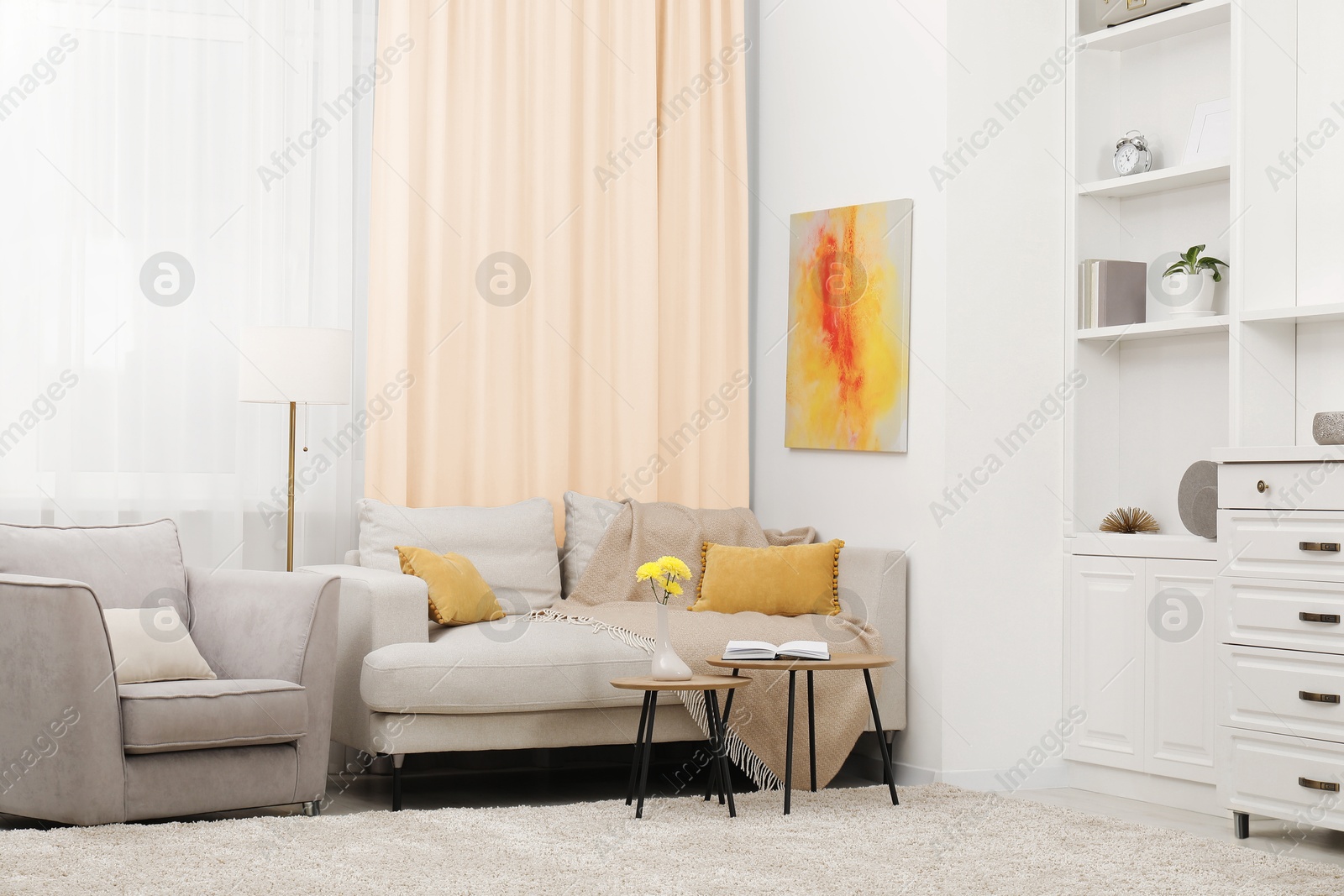 Living room with comfortable furniture and beige curtains. Interior design Image of Living room with comfortable furniture and beige curtains. Interior design