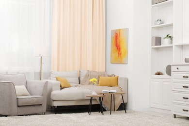 Image of Living room with comfortable furniture and beige curtains. Interior design