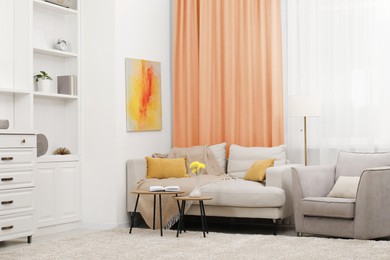 Image of Living room with comfortable furniture and peach color curtains. Interior design