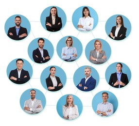 Image of Network: business, communication, team. Circles with portraits of people connected to each other on white background