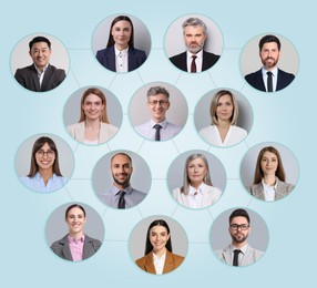 Image of Network: business, communication, team. Circles with portraits of people connected to each other on light blue background
