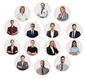 Image of Network: business, communication, team. Circles with portraits of people connected to each other on white background