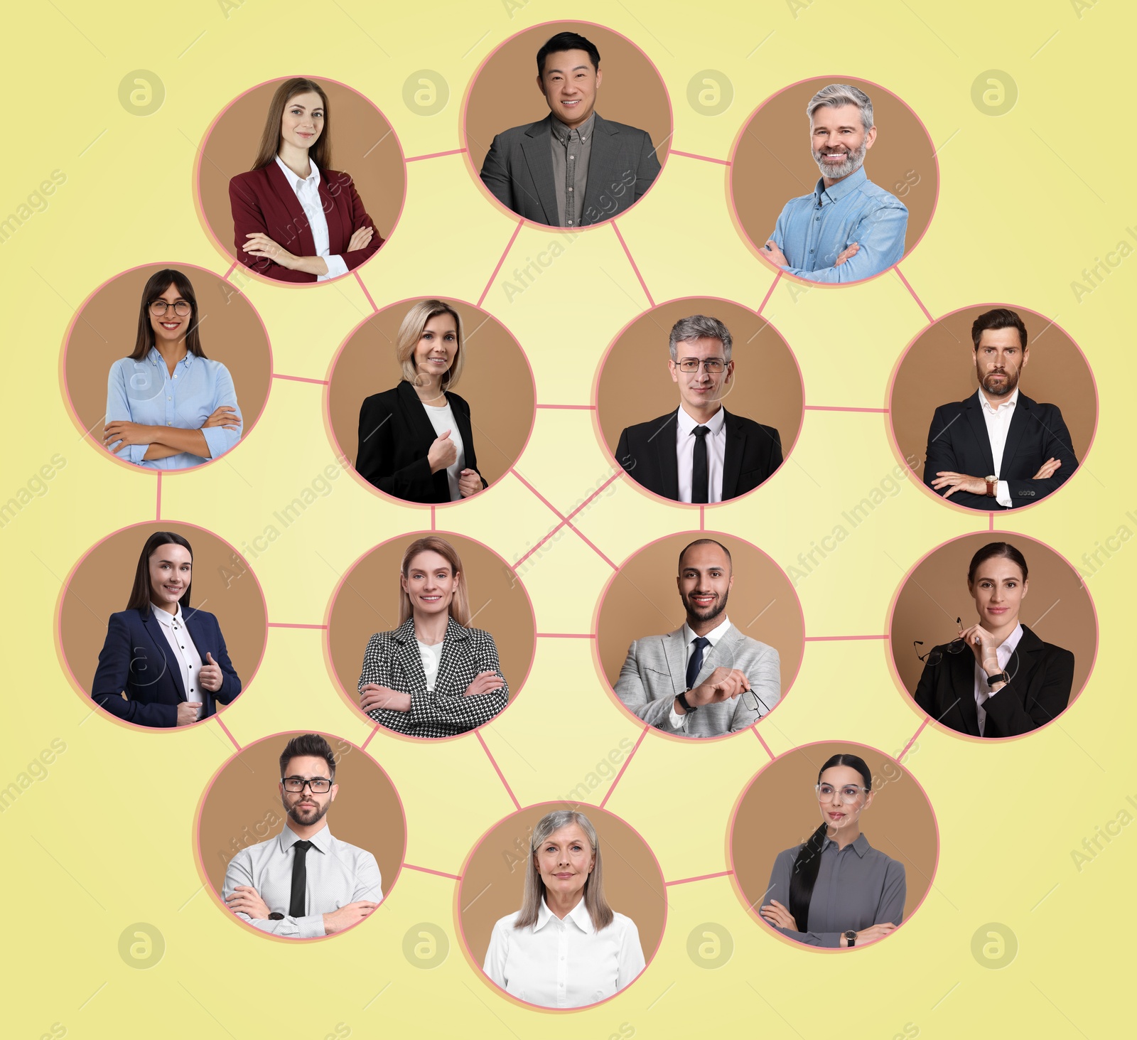 Network: business, communication, team. Circles with portraits of people connected to each other on beige background Image of Network: business, communication, team. Circles with portraits of people connected to each other on beige background
