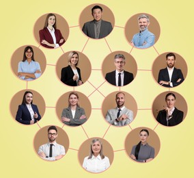 Image of Network: business, communication, team. Circles with portraits of people connected to each other on beige background