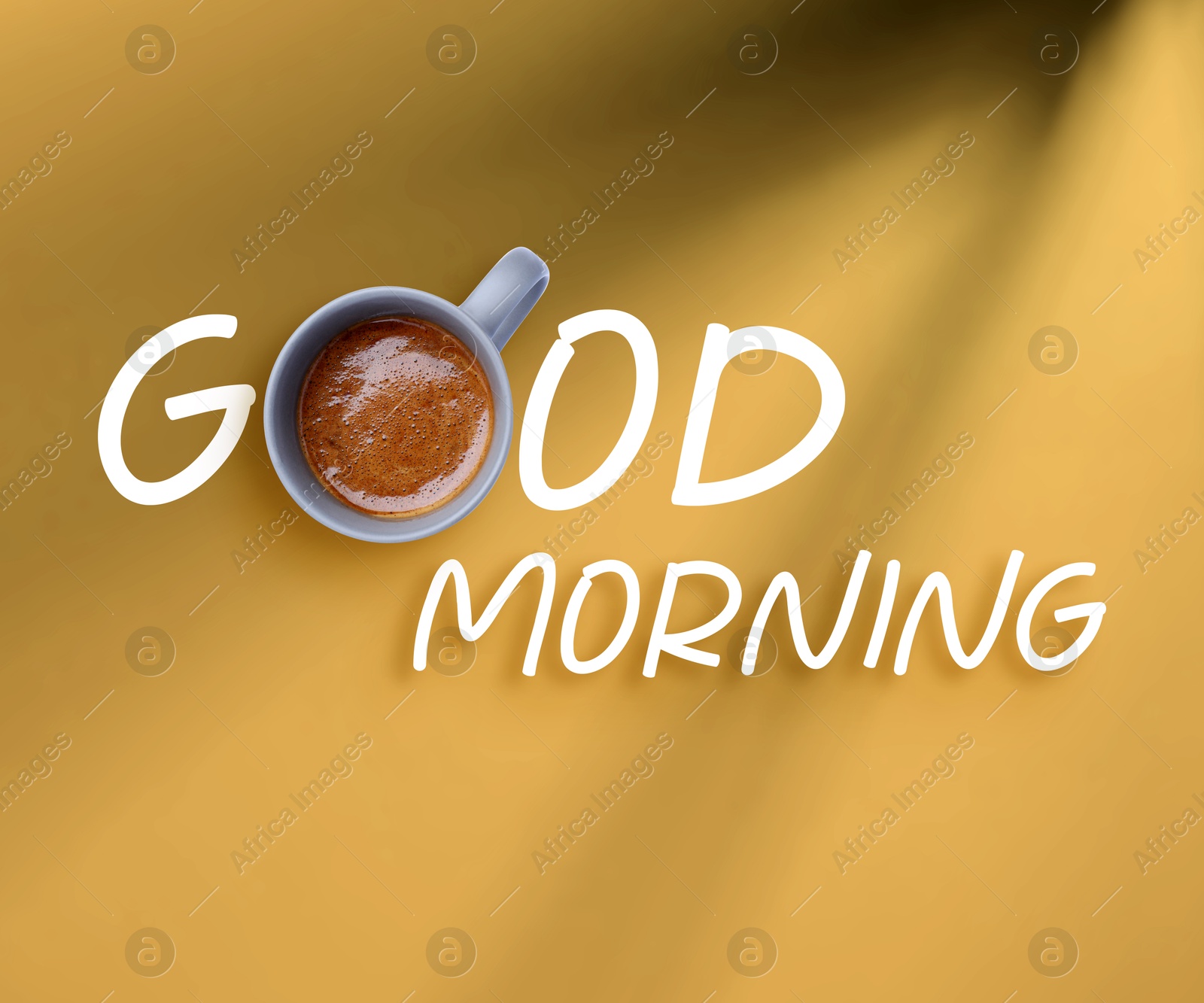 Morning good only with coffee. Inscription with cup of hot drink instead of letter O on dark beige background, top view Image of Morning good only with coffee. Inscription with cup of hot drink instead of letter O on dark beige background, top view