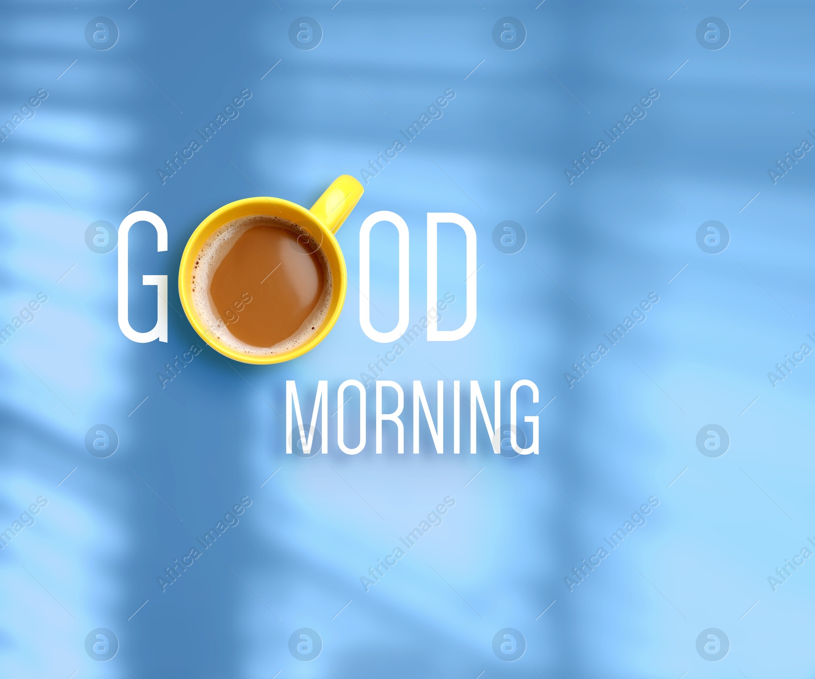 Cup of coffee instead of letter O in inscription Good Morning on light blue background, top view Image of Cup of coffee instead of letter O in inscription Good Morning on light blue background, top view