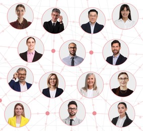 Image of Network: business, communication, team. Circles with portraits of people connected to each other on white background