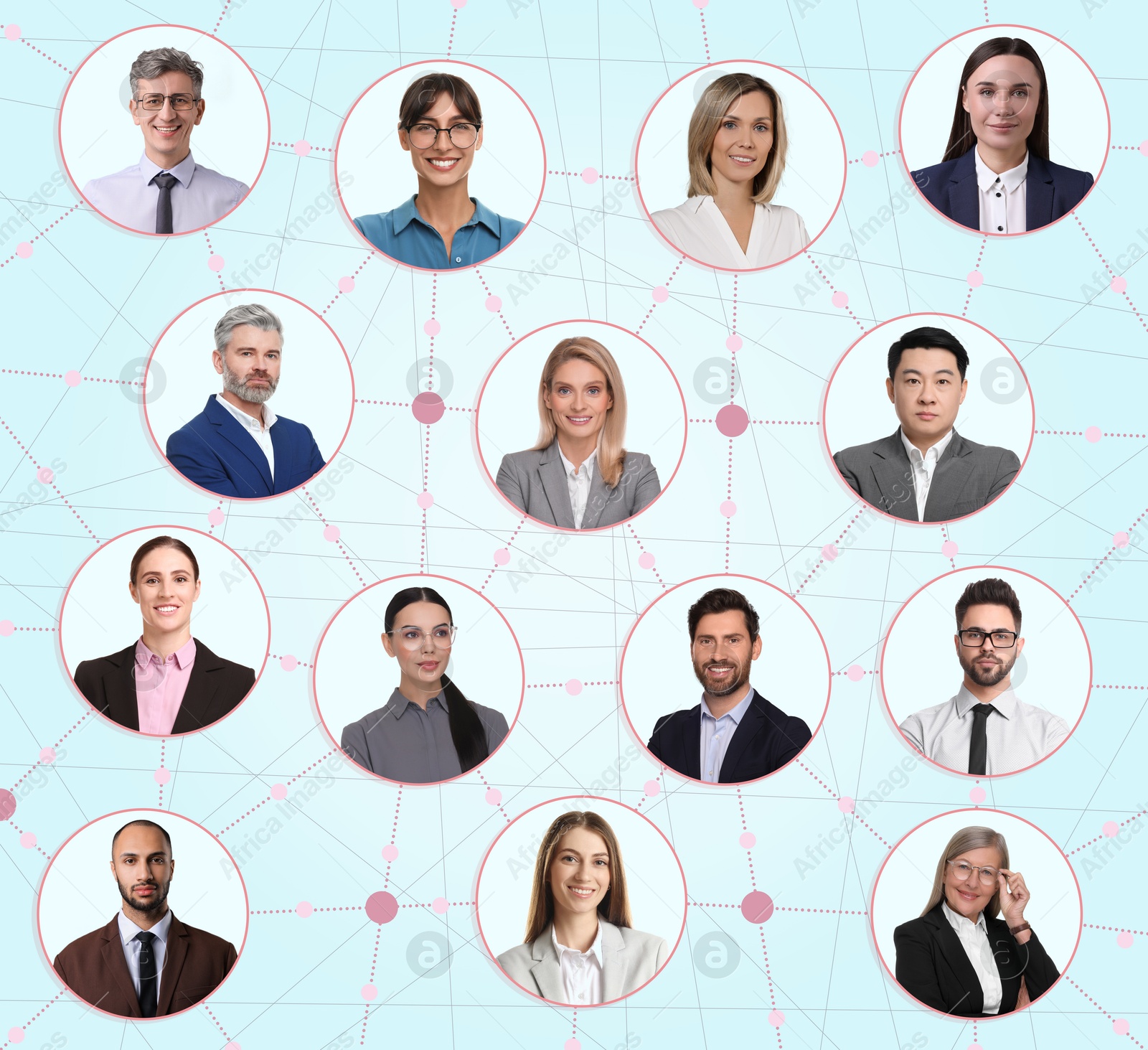 Network: business, communication, team. Circles with portraits of people connected to each other on light blue background Image of Network: business, communication, team. Circles with portraits of people connected to each other on light blue background