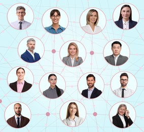 Image of Network: business, communication, team. Circles with portraits of people connected to each other on light blue background