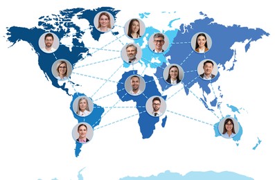 Image of Global network: business, communication, team. Circles with portraits of people connected to each other on world map, white background