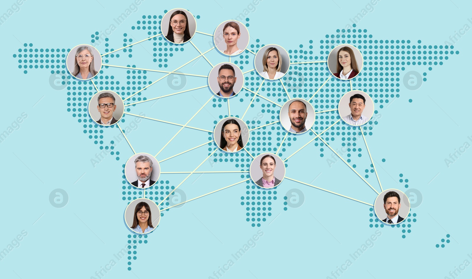 Global network: business, communication, team. Circles with portraits of people connected to each other on world map, light blue background Image of Global network: business, communication, team. Circles with portraits of people connected to each other on world map, light blue background