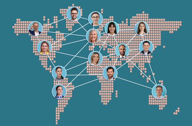 Image of Global network: business, communication, team. Circles with portraits of people connected to each other on world map, pastel blue background