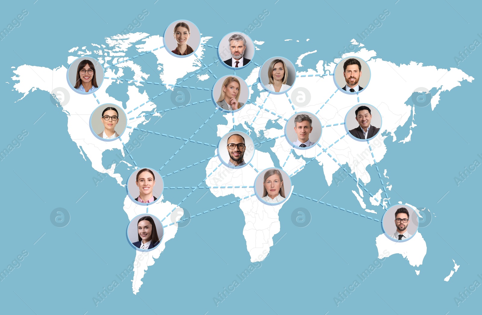 Global network: business, communication, team. Circles with portraits of people connected to each other on world map, light blue background Image of Global network: business, communication, team. Circles with portraits of people connected to each other on world map, light blue background