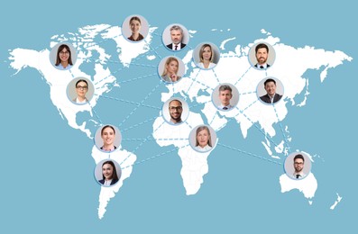 Image of Global network: business, communication, team. Circles with portraits of people connected to each other on world map, light blue background