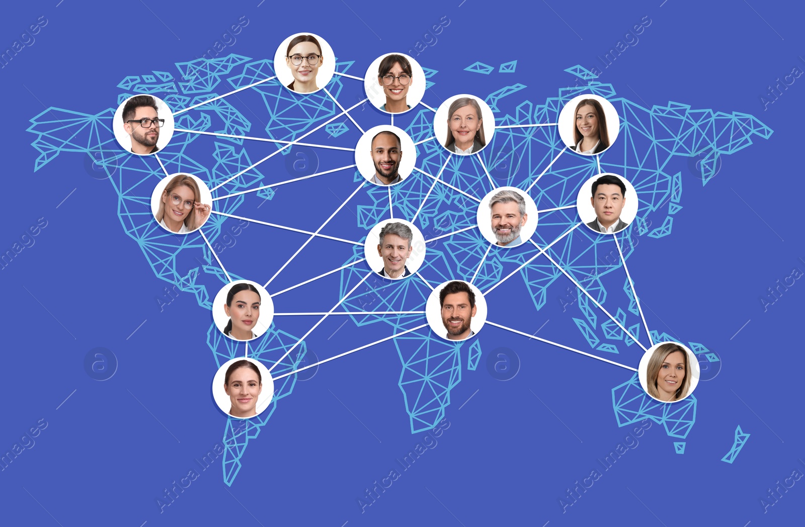 Global network: business, communication, team. Circles with portraits of people connected to each other on world map, blue background Image of Global network: business, communication, team. Circles with portraits of people connected to each other on world map, blue background