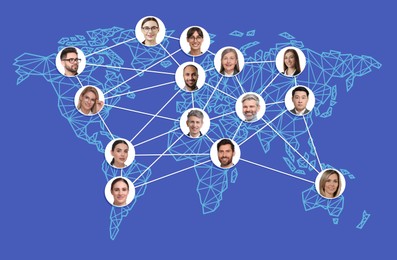 Image of Global network: business, communication, team. Circles with portraits of people connected to each other on world map, blue background