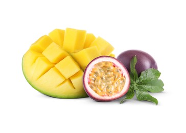 Image of Fresh juicy mango cut in cubes and passion fruits isolated on white